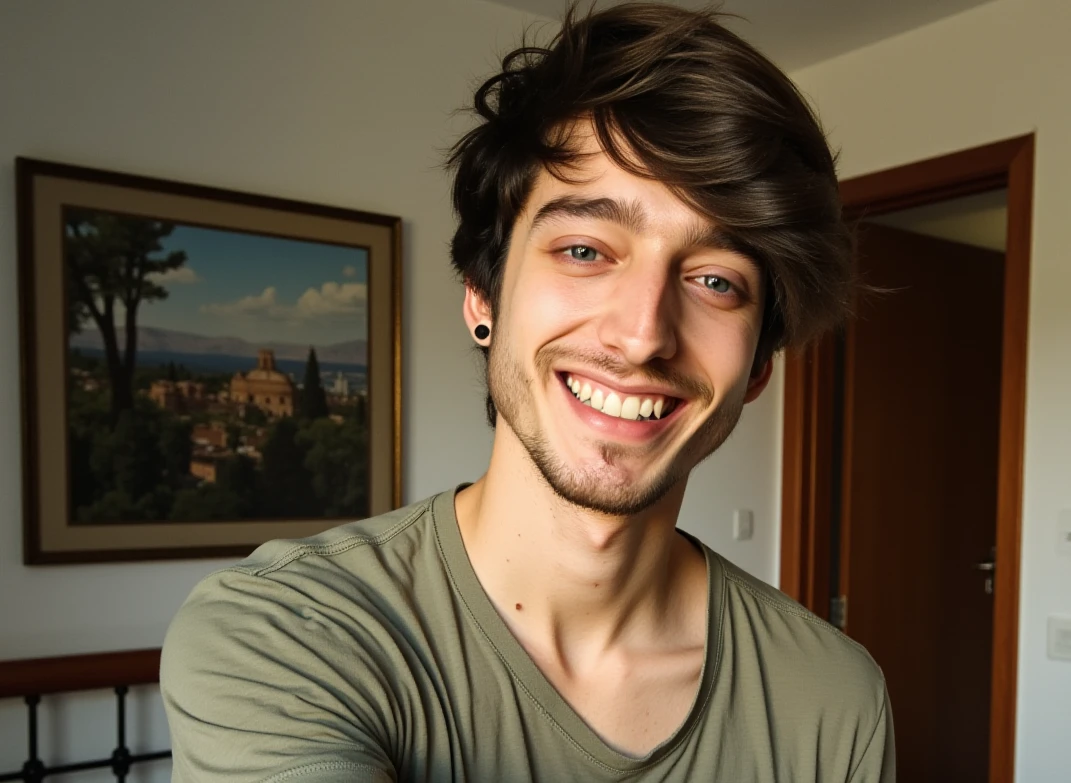 (smile, Luca, 21 yo male) blue jeans, luxury green shirt, standing in his bedroom, natural light shine on his face, looking at camera, gesturing to the viewer to come over