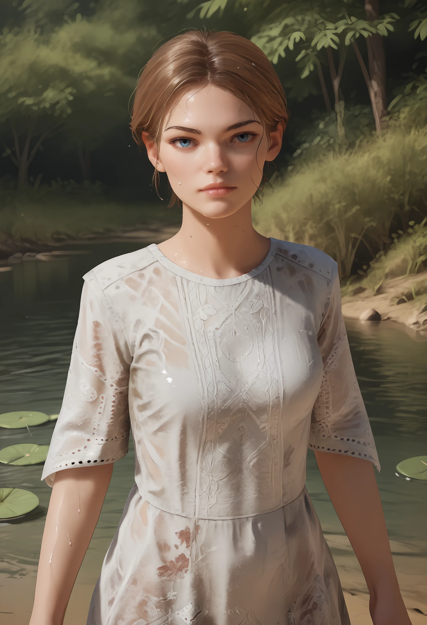 score_9, score_8_up, score_7_up, score_6_up, score_5_up, score_4_up, 1girl, <lora:SissyTCM:0.8> brown hair, blue eyes, short hair, dress, white dress, short sleeves, looking at viewer, in water, wet clothes, 
forest background,