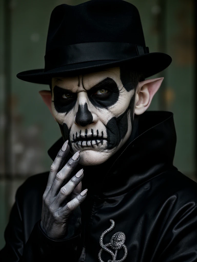 PapaSecondo, portrait, vampire, extreme pointy ears, ornamental vampire robe,  skull face paint. hand with sharp claw nails, upper Lip is black and the lower white. His left eye is white and the right eye is dark green. Black fedora hat vibrant, crypt background <lora:8StepLora:1>  <lora:PapaSecondo:0.75>