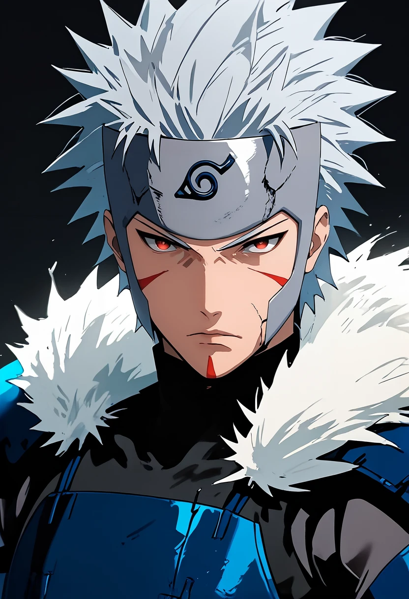 (masterpiece), (best quality), score_9, score_8_up, score_7_up, (masterpiece:1.2), (best quality:1.3), 1boy  <lora:Tobirama_Senju:0.8> 1boy, senju tobirama, grey spiky hair, forehead protector, blue armor, fur trim, facial mark, red eyes, simple background, portrait, masterful composition, dynamic movement, low light, dark, dim, cinematic lighting, high contrast, rim lighting, ray_tracing, global illumination, glow