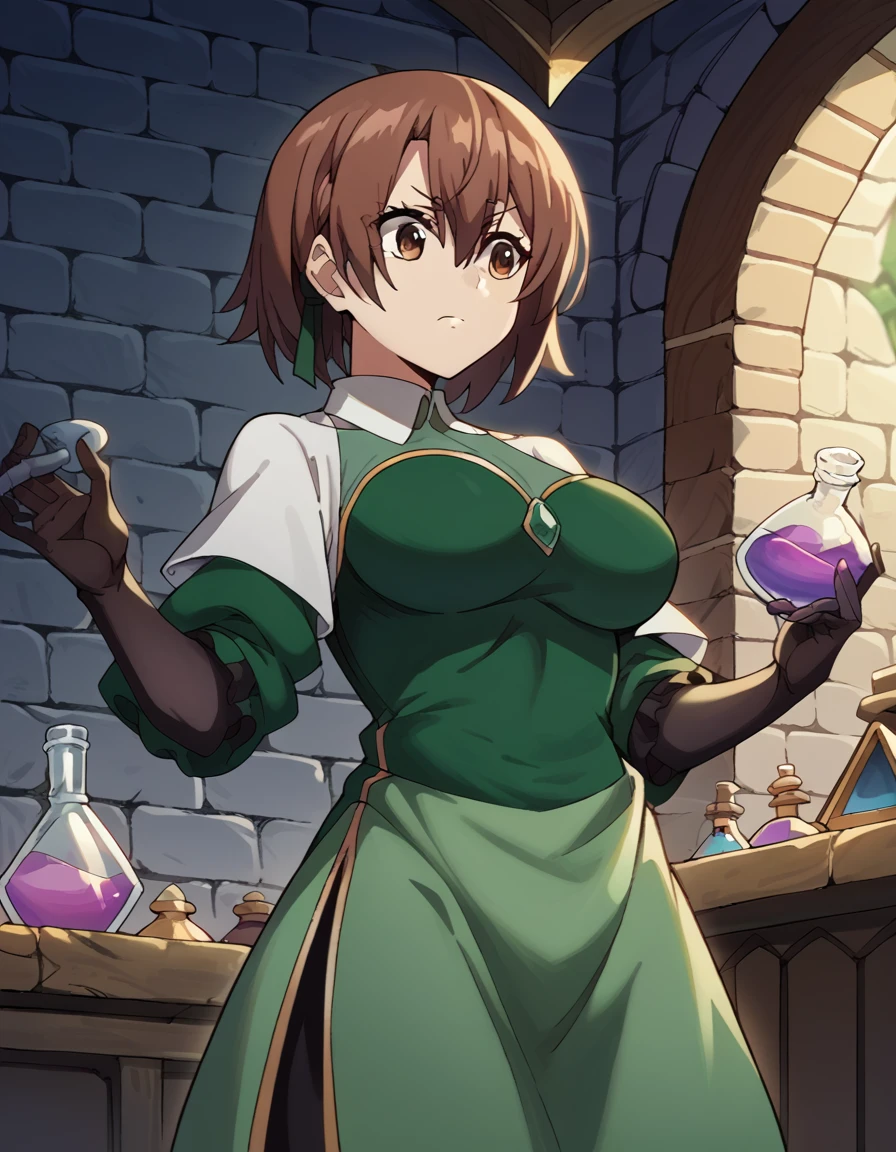 score_9, score_8_up, score_7_up, source_anime, <lora:lola-metrose-s1-ponyxl-lora-nochekaiser:1>, lola metrose, short hair, brown hair, hair between eyes, brown eyes, large breasts, <lora:wizard-ponyxl-lora-nochekaiser:1>, wizard, wizard hat, robe, dress, long sleeves, gloves,, indoors, bricks, potion, flask, vial,, cowboy shot,, , dutch angle, cowboy shot