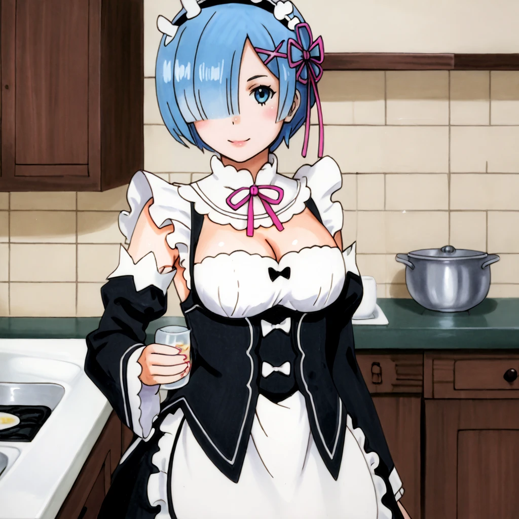 <lora:chrisfoulkes_pony_v2:1>score_9, chrisfoulkes_style, crhisfoulkes, source_artwork, traditional media  <lora:remrezero_pony_v1:0.8> Rem, 1girl, roswaal mansion maid uniform, blue hair, blue eyes, short hair, hair over one eye, x hair ornament, detached sleeves, hair ribbon, maid headdress, medium breasts, pink ribbon, cleavage, apron, cowboy shot