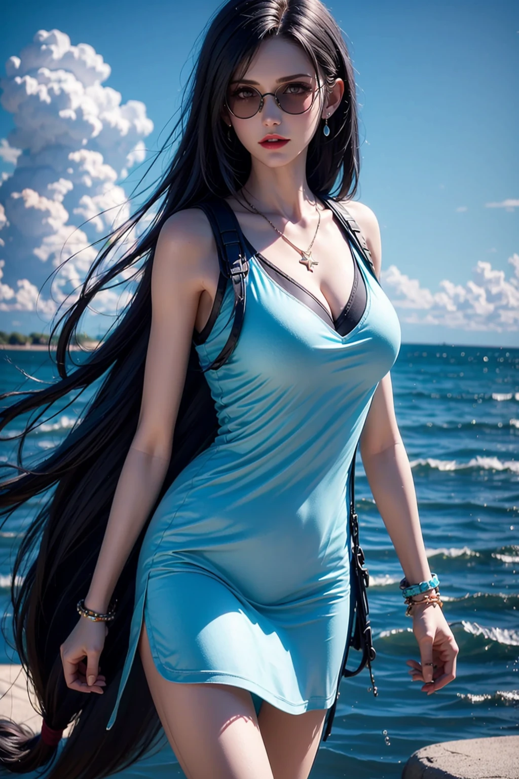 1girl,dress,black hair,solo,breasts,long hair,black dress,jewelry,cleavage,looking at viewer,water,necklace,sky,outdoors,sunglasses,watercraft,day,blue sky,red lips,sleeveless,sleeveless dress,cloud,eyewear hang,standing,eyewear removed,bracelet,