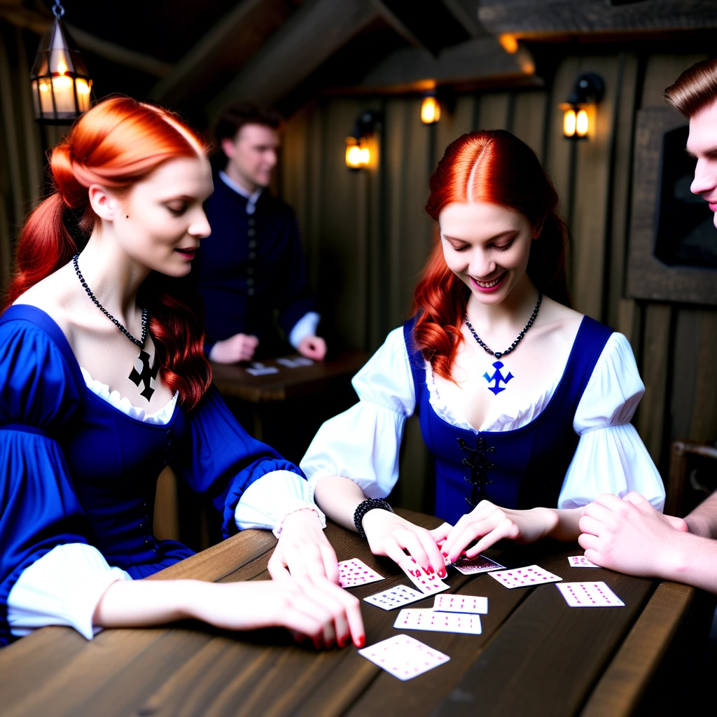 REGA PLAYING CARDS IN MEDIEVAL TAVERN, 3 SAILORS, ANCHOR NECKLACE, AUBURN HAIR