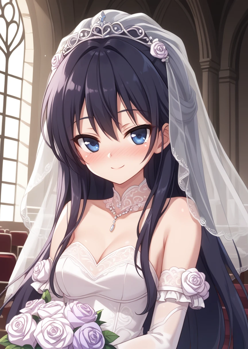 score_9, score_8_up, score_7_up, score_6_up, score_5_up, BREAK
Alm4, Human, female, source_anime, 1girl, solo, long hair, looking at viewer, smile, blue eyes, upper body, purple hair, black hair, wedding dress, wedding veil, blush, nose blush, deep blush, church