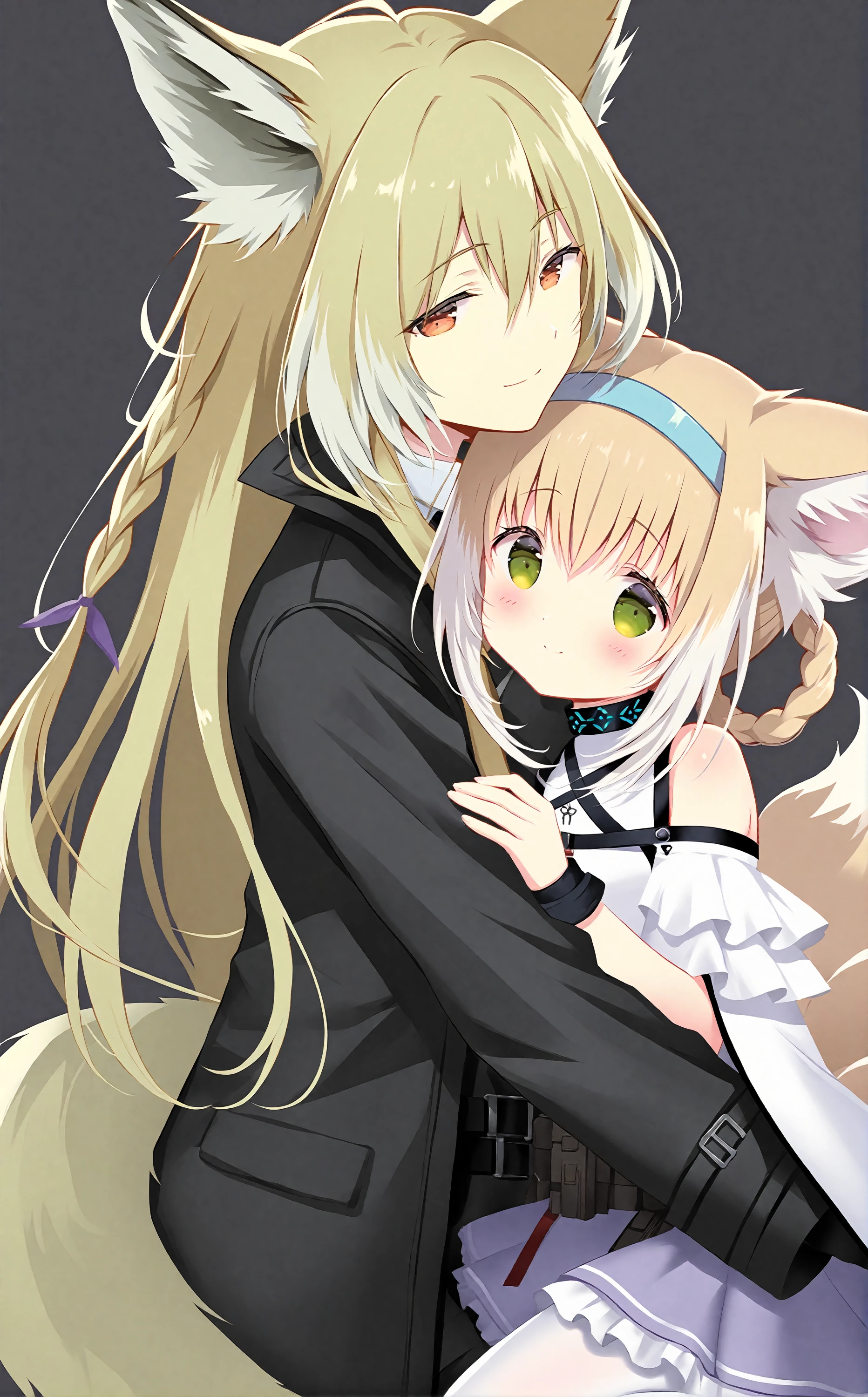 (Shiratama style),(Shiratama score 9),(Shiratama score 8 up),2girls,hug,vulpisfoglia (arknights),suzuran \(arknights\),solo,scar_on_face,orange eyes,black coat,collared shirt,<lora:vulpisfoglia_v2:0.6>,multiple tails,animal ear fluff,animal ears,blonde hair,green eyes,default outfit,purple skirt,hair rings,blue hairband,bare shoulders,white pantyhose,collar,smile,kawaii,closed mouth,looking at viewer,simple background,lispict,32k,absurdres,masterpiece,best quality,highly detailed,. gorgeous,key visual,vibrant,studio anime,award-winning,professional,highly detailed,high budget,cinemascope,ray tracing,source anime,<lora:pony_outline_lbw_5x:-0.5>,<lora:lighting Slider_alpha1.0_rank4_noxattn_last:-0.5>,