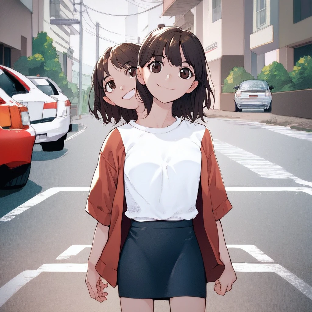 conjoined, source_anime, score_9, score_8_up, score_7_up, 1girl, shirt, skirt, parking lot, smile