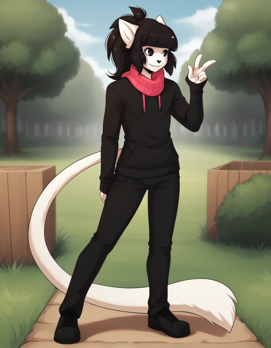 outdoors, 
Mercy,1boy,solo,furry male,animal ears,black hair,cat ears,furry,cat tail,black eyes,ponytail,body fur,long hair,blunt bangs,
full body,smile, long eyelashes, 
<lora:Mercy_v01_PDXL:1>,