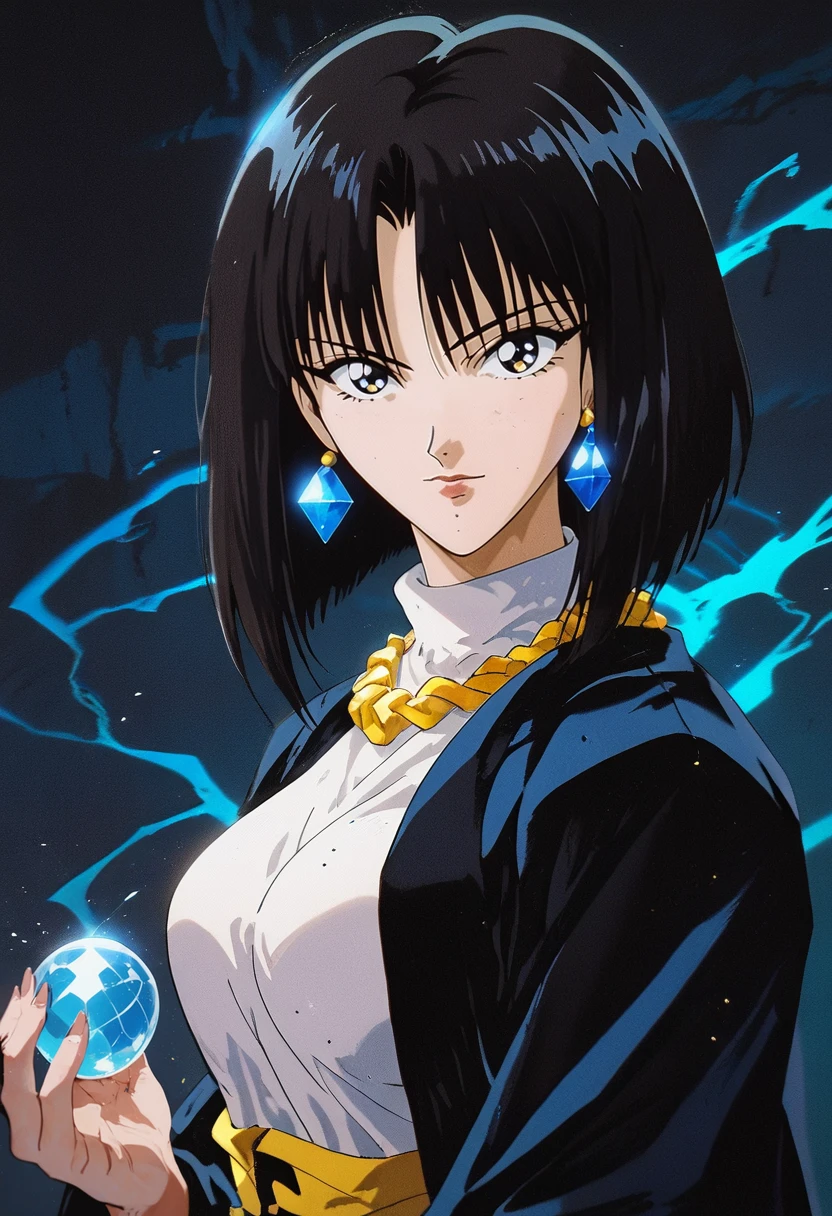 (masterpiece), (best quality), score_9, score_8_up, score_7_up, (masterpiece:1.2), (best quality:1.3), 1girl <lora:Kagerou_Kagehoushi_Flame_of_Recca:0.8> kagerouk_for, jewelry, black hair, short hair, looking at viewer, portrait, retro, 1990s \(style\), single earring, masterful composition, dynamic movement, low light, dark, dim, cinematic lighting, high contrast, rim lighting, ray_tracing, global illumination, glow