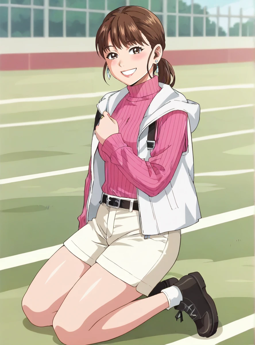 score_9, score_8_up, score_7_up, score_6_up, source_anime, ((anime screencap)), uncensored    (anime coloring), <lora:Mira_Shifuto_Boonboomger:0.7>mirashifutoxl,solo, 1girl, brown hair, smile, shorts, sweater, turtleneck, white shorts, earrings, belt, jewelry, brown eyes, pink sweater, jacket thick thighs,  kneeling,  from side, looking at viewer,  outdoors race_track,thick thighs,