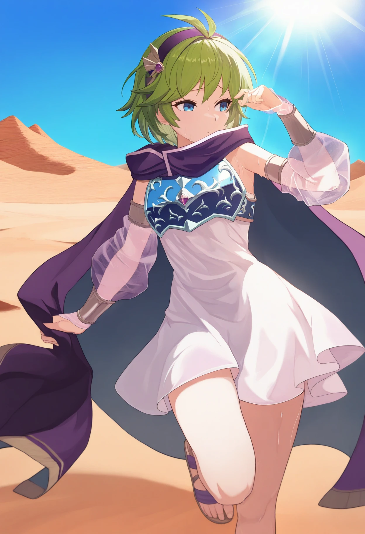 masterpiece, best quality, 1girl, solo, <lora:nino-fe-richy-v1_ixl:1> nin0s, blue eyes, green hair, short hair, antenna hair, purple hairband, hair ornament, purple cape, white dress, blue breastplate, detached sleeves, see-through sleeves, vambraces, sandals, desert, outdoors, blue sky, hot, sunlight, bright, sun