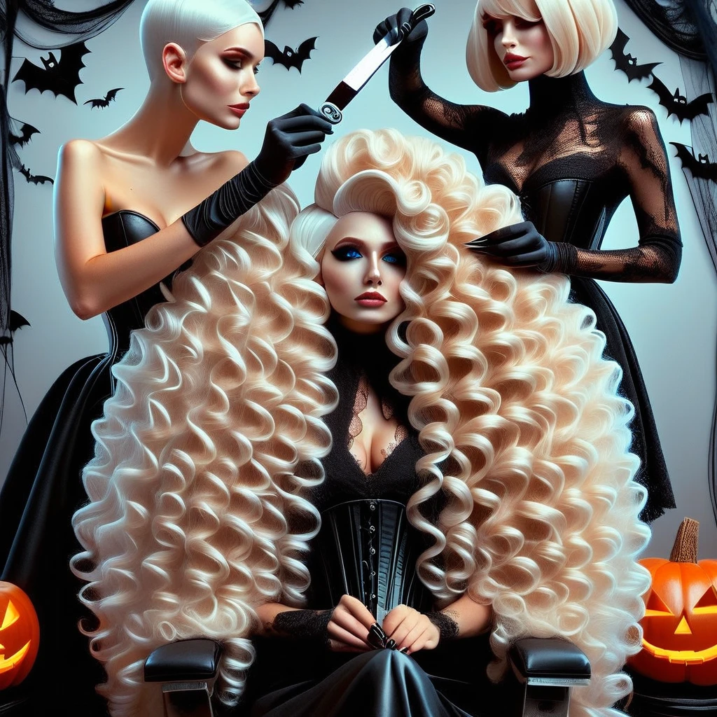 sup3rh41rb4rb3r, SuperHairBarber, Super Hair Barber Concept,  long hair, breasts, short hair, blue eyes, multiple girls, blonde hair, gloves, dress, 2girls, cleavage, jewelry, sitting, very long hair, white hair, nail polish, black dress, makeup, wavy hair, chair, knife, black nails, corset, halloween, curly hair, realistic, jack-o'-lantern, pumpkin, big hair, gothic