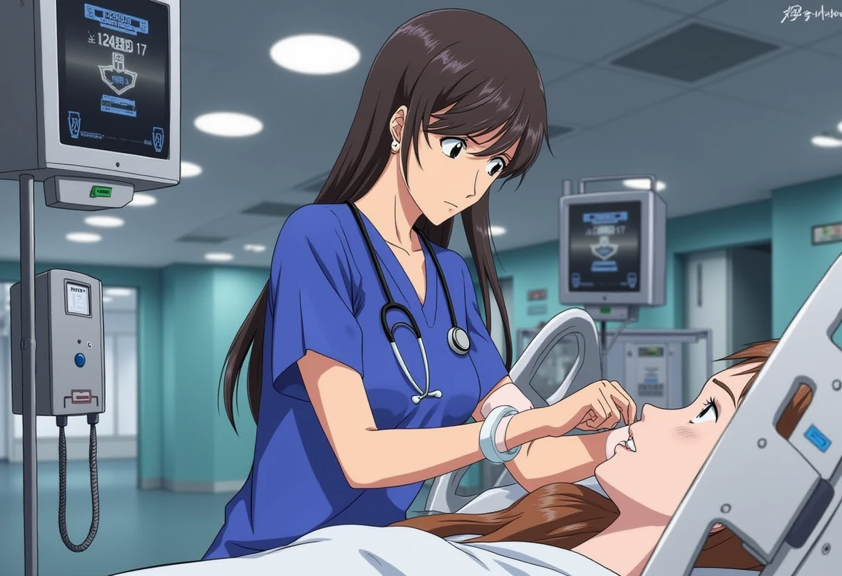 A detailed solo portrait of  suzuhara_sakura 1girl
Anime style, sharp, high contrast and highly detailed.,, 
,
 <lora:evangelion_sakura_suzuhara_flux_v1_2-000006:1>,
She is in a hospital emergency room. She wears a blue surgical scrub and a stethoscope. She is busy adjusting an intravenous drip. Side profile.