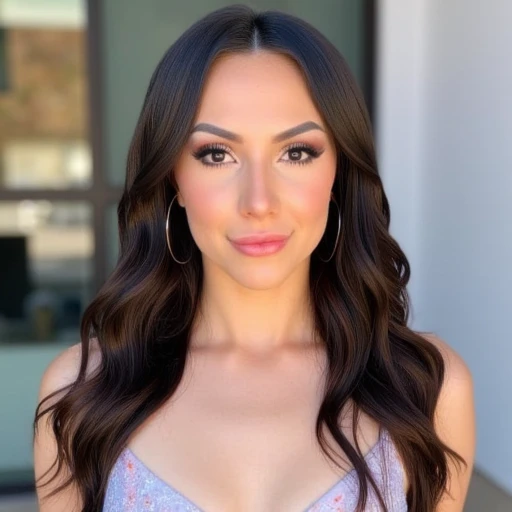 and well-groomed eyebrows., wavy dark brown hair, shimmery eyeshadow., indicated by the rows of black, The image is a high-resolution photograph featuring a woman standing outdoors in a modern, wavy dark hair cascading down her shoulders, dark brown hair styled in loose waves cascading over her shoulders. Her facial features are sharp and symmetrical, round