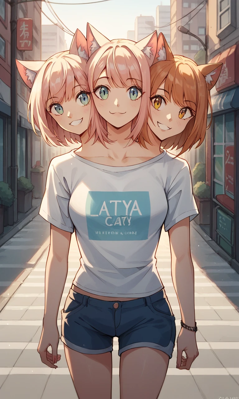 source_anime, score_9, score_8_up, score_7_up, conjoined, 3girls, cat ears, shirt, shorts, city background, smile