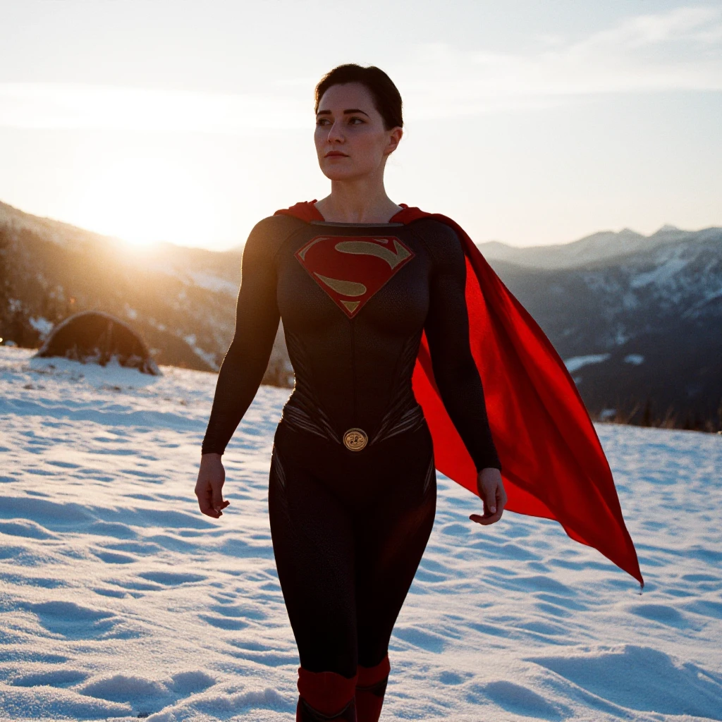 UHD, 4k, ultra detailed, cinematic, a photograph of <lora:hon3y2 v3:1> hon3y2
 <lora:digital cinematography style v1-step00001950:0.7> closeup:1
A cinematic realism footage of a woman in a female superman costume standing in the snow, detailed background, vivid color, cinematic shadows, cinematic color, chiaroscuro, perfect cinematic image, perfect body, perfect anatomy, sharp image, detailed image, high quality photography, cinematic skin tone color, cinematic skin pore, cinematic photography style, digital cinematography style, solo, black hair, female, female focus, boots, cape, bodysuit, clenched hands, realistic, red cape, black cape, superhero, muscular, walking, sunrise, sun, full body, muscular male, mountain, outdoors, sky, short hair, facial hair, western comics (style) , faded film, desaturated, 35mm photo, grainy, vignette, vintage, Kodachrome, Lomography, stained, highly detailed, found footage, epic, beautiful lighting, inpsiring