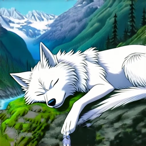 ghiblify anime, ghibli style anime, a sleeping white wolf with a long tail, laying on a mossy rock in a valley, surrounded by mountains and a river