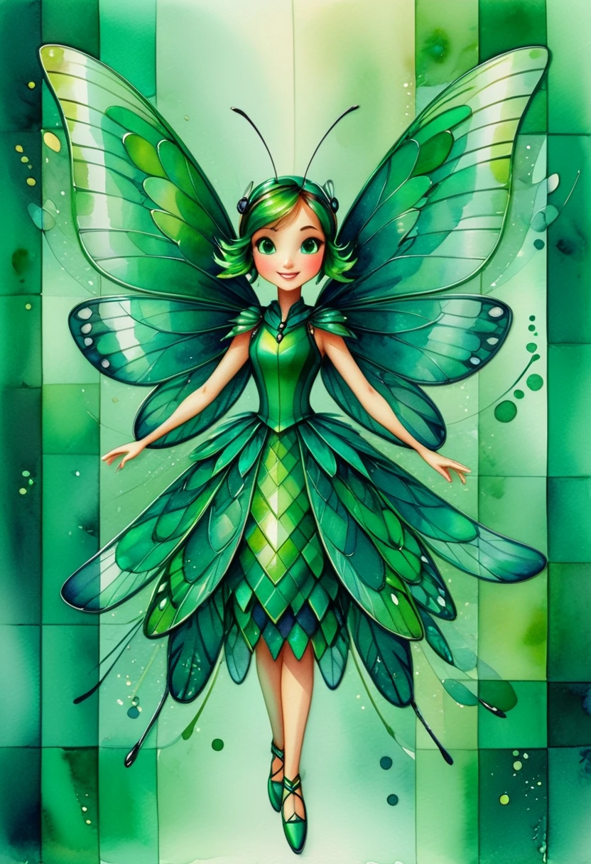 race character concept print, female, Sprite, small, insect wings, sparkling, mischievous, nature-loving, quick movements, watercolor, satin, impressionism style, Perspective Shift, shades of green, checkerboard pattern, gradient effect, mirror accents accents, grid-based, micro-textured texture, embossed finish  <lora:artfully_CHARECHELIER:1>,