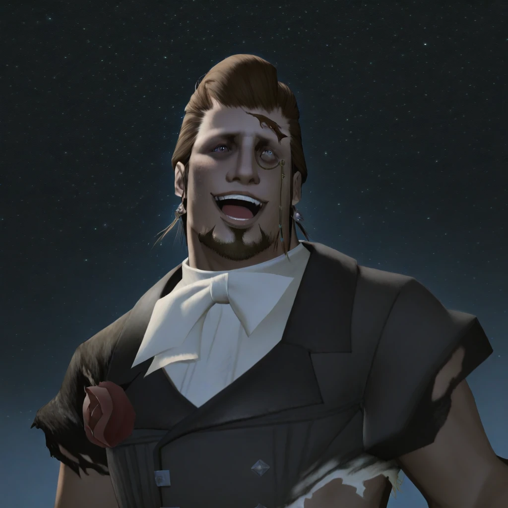 h1ld1br4nd, the manderville man, 1boy, monocle, male focus, solo, facial hair, earrings, jewelry, star (sky), brown hair, torn clothes, smile, realistic, starry sky, open mouth, beard, mandervillous, masterpiece, , cinematic angle, cinematic lighting,