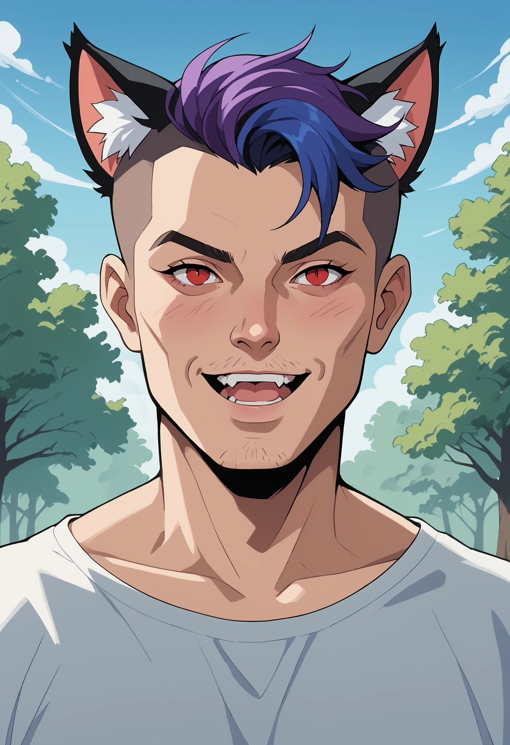 source_cartoon, rating_explicit, newest, 1boy, male focus, solo, solo focus, red eyes, two tone hair, blue hair, purple hair, dyed bangs, short hair, buzz cut, animal ears, cat ears, animal ear fluff, facial hair, stubble, shirtless, nude, open mouth, smile, upper teeth only, upper body, looking at viewer, outdoors, day, tree, sky , cinematic angle, soft light BREAK PonyXLV6_Scores