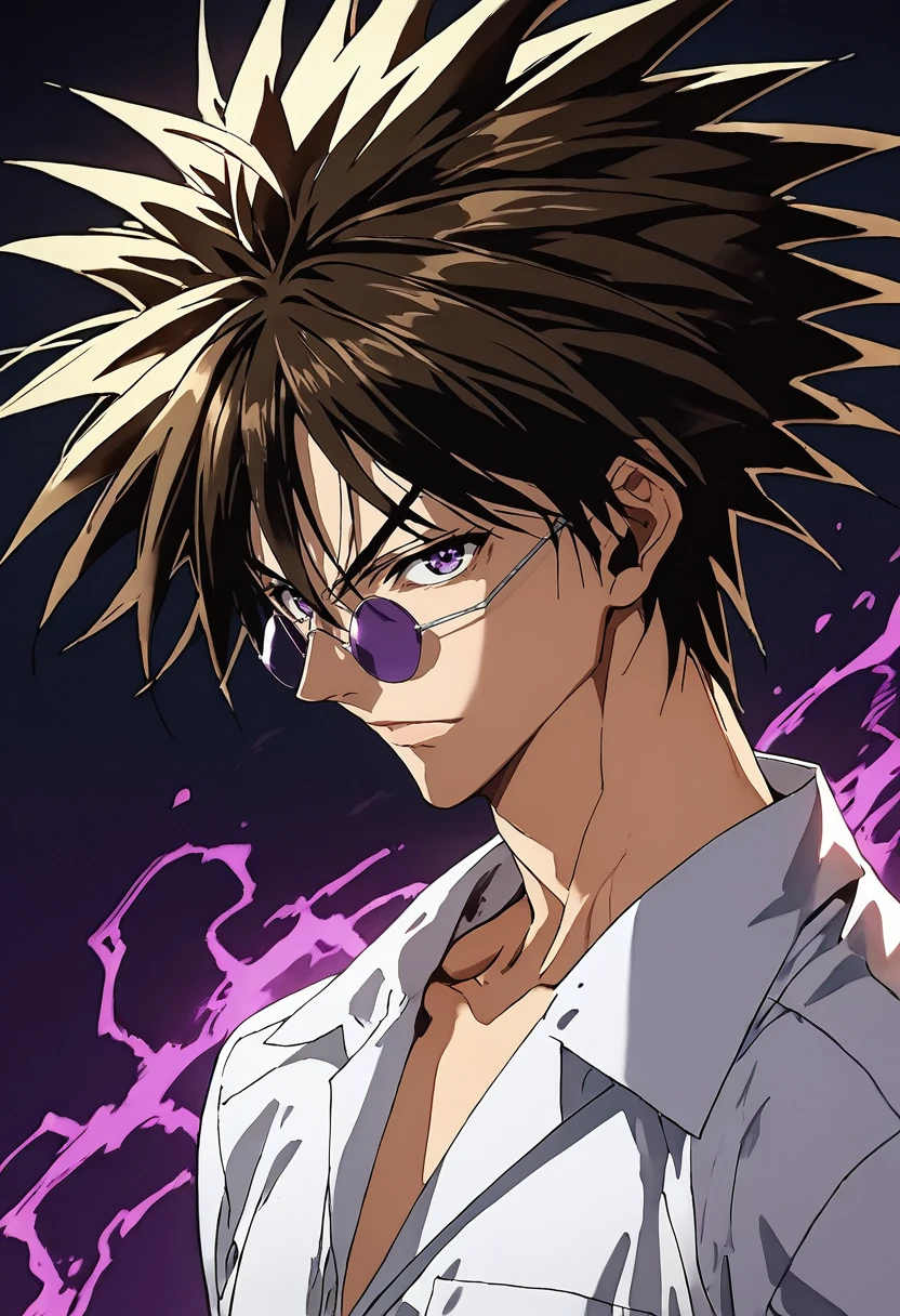 score_9, score_8_up, score_7_up, (masterpiece:1.2), (best quality:1.3), (masterpiece), (best quality), 1boy,  <lora:Ban_Midou_GetBackers:0.8> banm_gbrs, sunglasses, spiked hair, violet aura, looking at viewer, portrait, simple background, shirt, masterful composition, dynamic movement, low-key lighting, lo-fi, glow, dynamic cinematic lighting, ray_tracing, global illumination