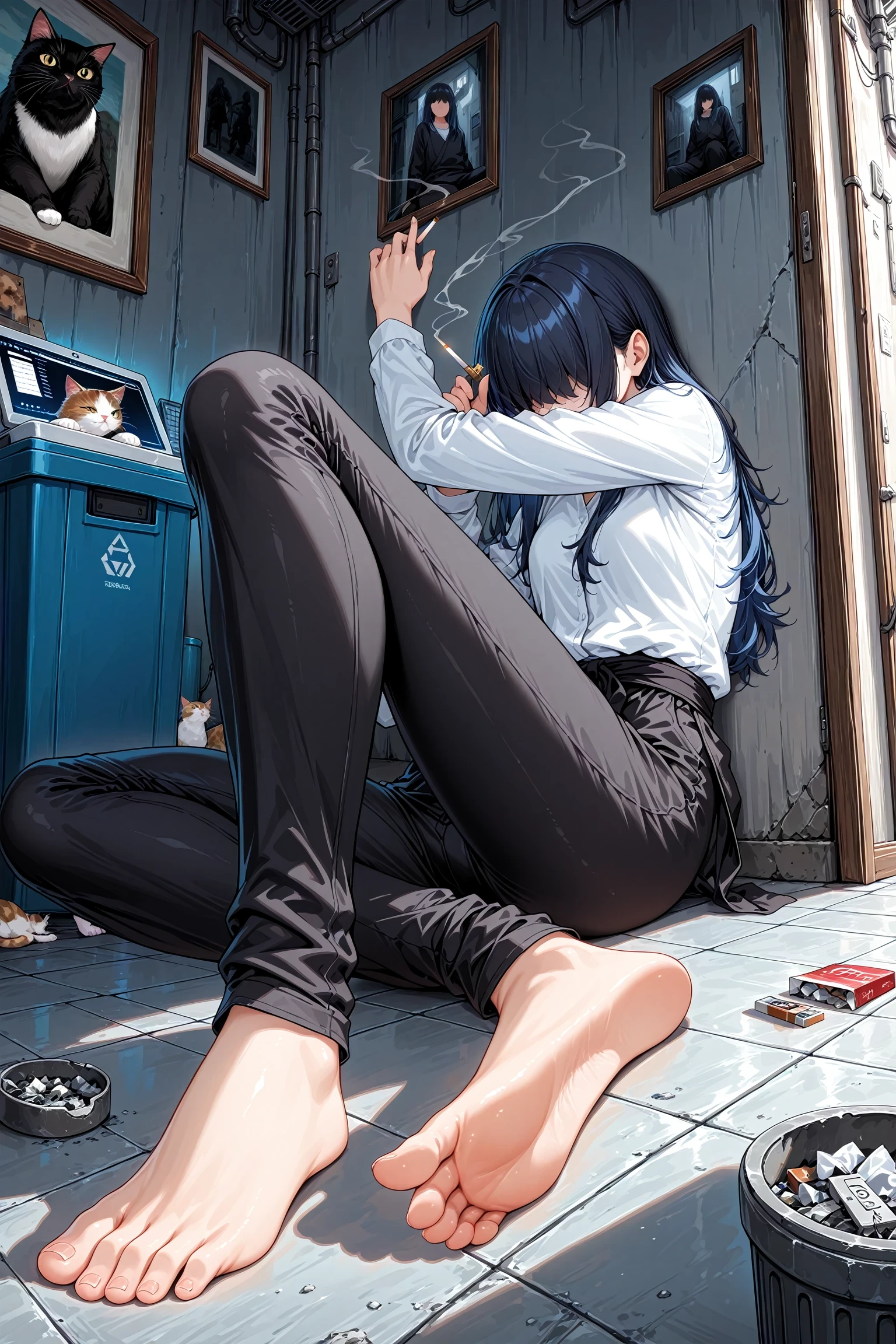 1girl, solo, dynamic angle, dynamic pose, against wall, alley, ashtray, barefoot, black hair, black pants, black sash, blue hair, cat, cigarette, cigarette pack, computer, covered face, doorway, feet, foot focus, indoors, lighter, legs, long hair, long sleeves, painting (object), pants, shirt, sitting, smoking, tile floor, tiles, toes, trash can, white shirt, masterpiece, best quality