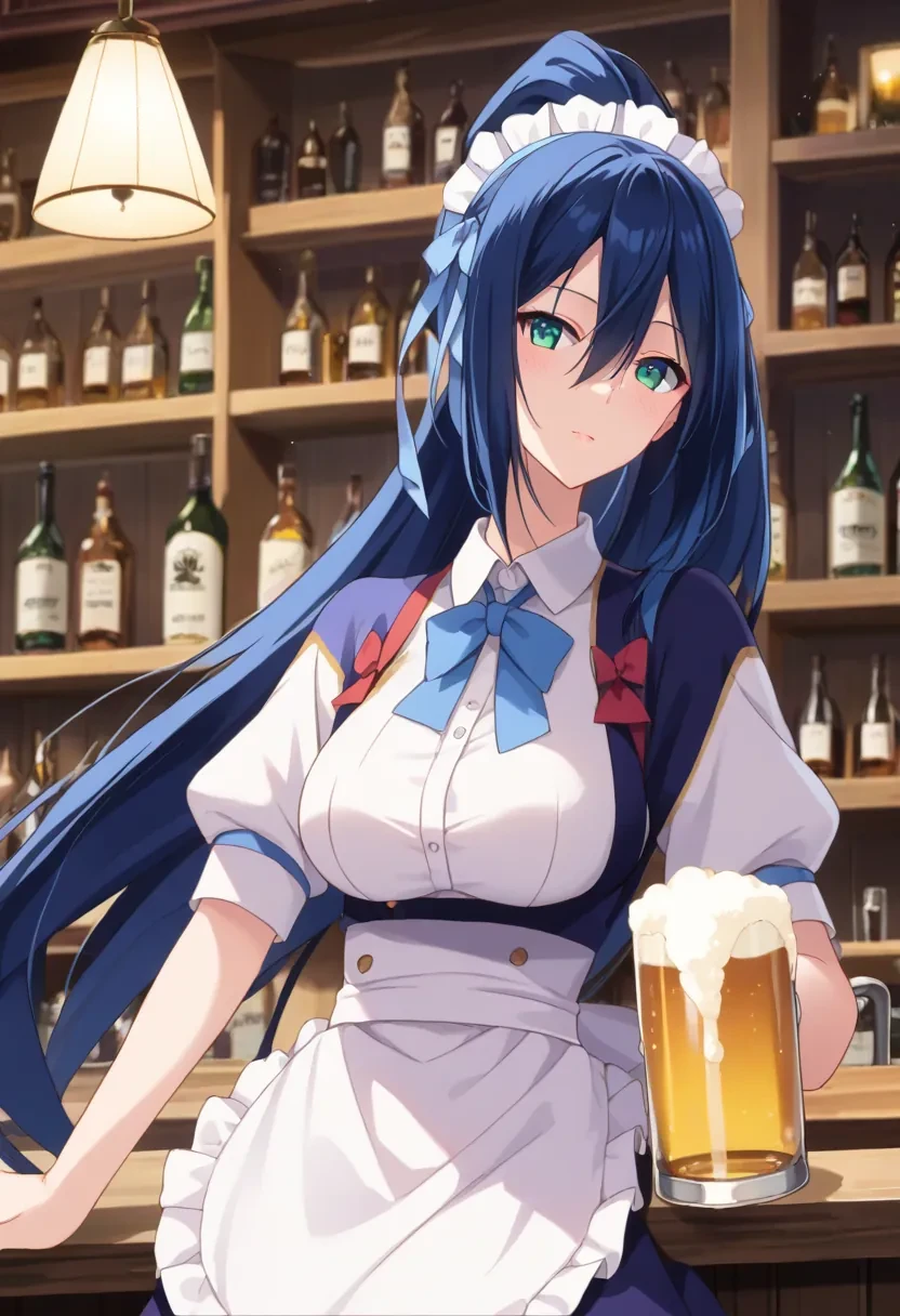 score_9, score_8_up, score_7_up, score_6_up,
masterpiece, source_anime,

1girl, solo,

Kanae, very long hair, ponytail, blue hair, long hair,

maid, bar, holding beer,