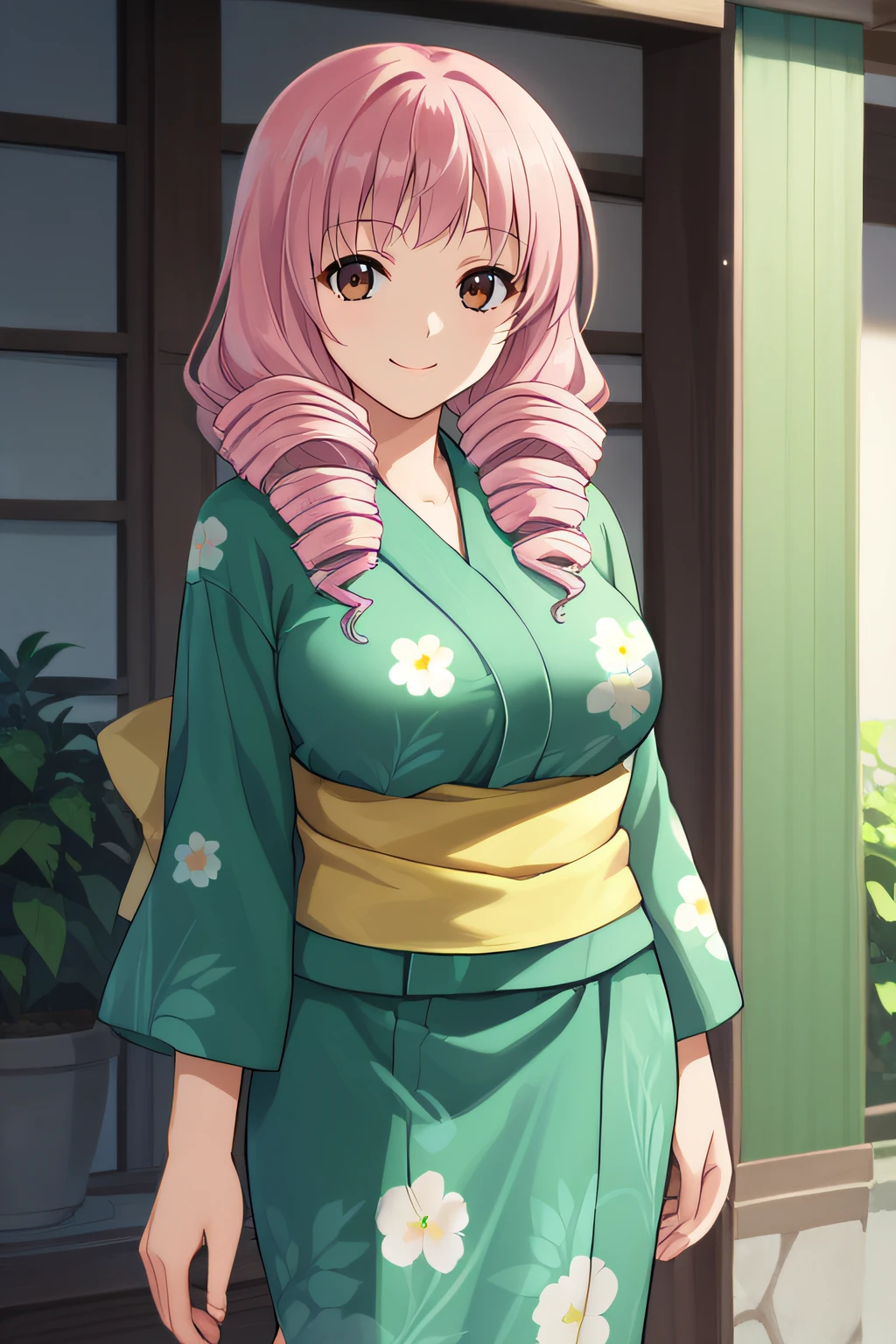 score_9, score_8_up, score_7_up, source_anime, rating_safe, intricate details, anime screencap, official style, 1girl, solo, <lora:Mikado_Shiina:1>, misha, pink hair, brown eyes, drill hair, large breasts, green yukata, floral print, yellow sash, looking at viewer, smile, outdoor, cowboy shot