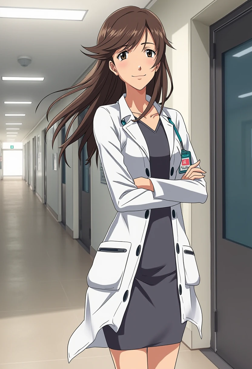 A detailed solo portrait of  suzuhara_sakura 1girl
Anime style, sharp, high contrast and highly detailed.,, 
,
 <lora:evangelion_sakura_suzuhara_flux_v1_2-000006:1>,
She is wearing a labcoat, a shirt, a pencil skirt. She is standing in a modern hospital lobby, looking at the camera with a gentle smile. On her labcoat there is an Id card that reads "Dr. Suzuhara".