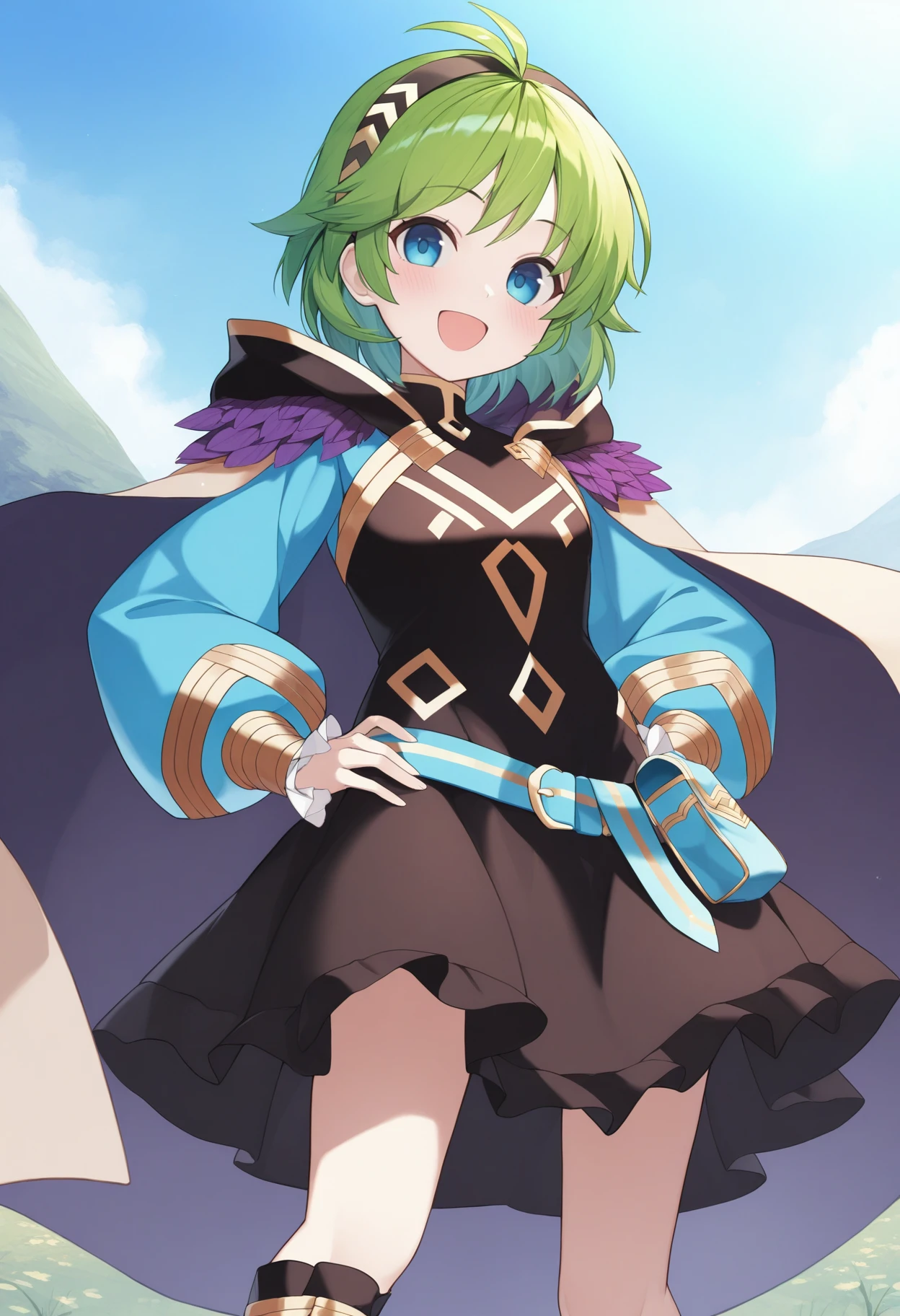 masterpiece, best quality, 1girl, solo, <lora:nino-fe-richy-v1_ixl:1> nin0resp, blue eyes, green hair, short hair, antenna hair, black hairband, feathered cloak, black dress, blue sleeves, puffy long sleeves, blue belt, belt pouch, black kneeboots, standing, outdoors, blue sky, looking at viewer, :D, smile, blush, hands on hips