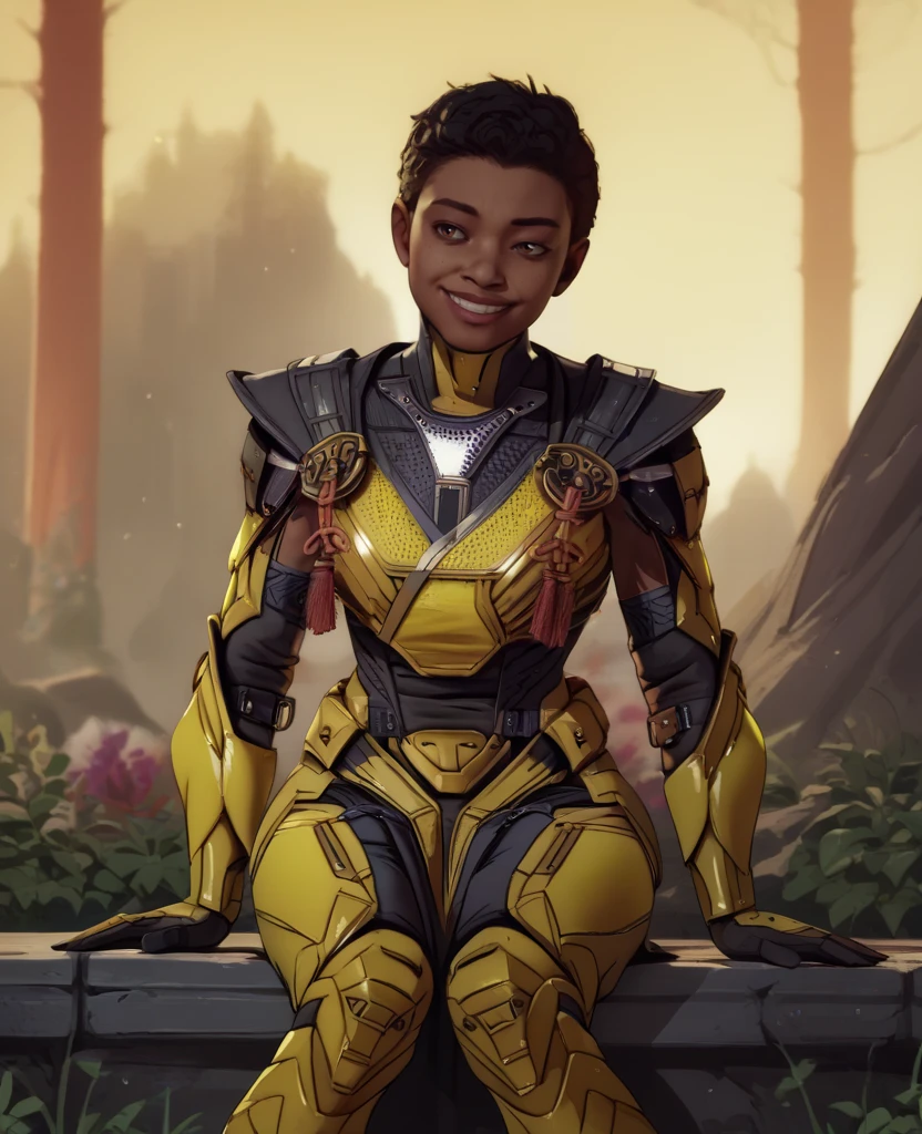 score_9,score_8_up,score_7_up,score_6_up,
cyraxmk1,black hair,brown eyes,short hair,
sitting,
yellow armor,smile,
outside,night,<lora:Cyraxmk1xl-12-51:0.9>,