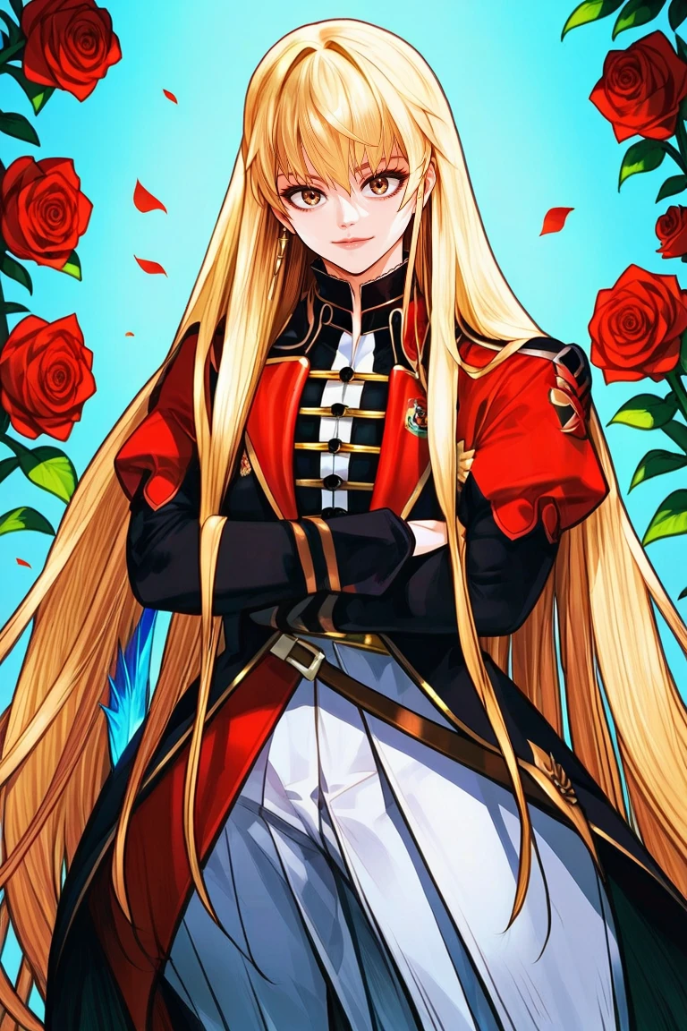 zPDXL3, score_9_up, score_8_up, score_7_up, Anime_source,  1girl, mookhyang, blonde hair, long hair, bangs, brown eyes, very long hair,dress,puffy sleeves,flower,rose,red dress,red flower,red rose,skirt ,long dress, huge beasts, looking at view