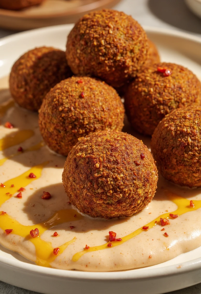 This is a photograph of a close-up view of a plate of falafel. The falafel balls are crispy on the outside and dark brown in color, with visible textures suggesting a mixture of grains and spices. They are arranged in a slightly overlapping pattern on a creamy, beige-colored tahini sauce. The tahini sauce is drizzled with a golden-yellow sauce, possibly tahini-based, and sprinkled with red chili flakes. The background is out of focus, emphasizing the falafel and sauce. The overall presentation is appetizing and visually appealing, with a Mediterranean-inspired flavor profile.