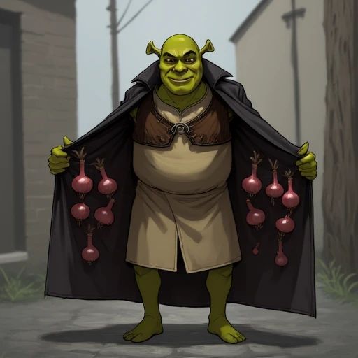 Digital illustration of Shrek as a Trenchcoat Merchant, character that offers products stored in their Trenchcoat character in this picture opens the both sides of the trenchcoat to show products In case of this picture the offered products are onions