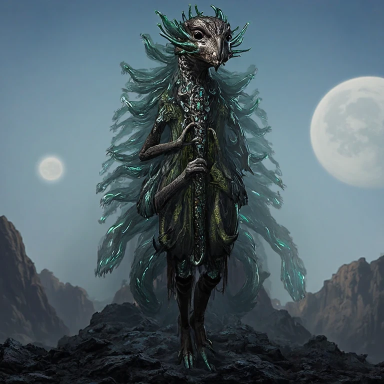 A tall, slender reptilian warrior with scales that shimmer with a metallic sheen, standing in a defensive stance. He has fierce, sharp eyes, a crown of small spines around his head, and clawed hands gripping a staff adorned with glowing gemstones. His armor is lightweight yet intricately detailed, with patterns reminiscent of ancient reptiles. He stands on a rocky terrain with the silhouette of alien mountains and two moons in the sky
, <lora:Stellaris_Characters:0.8>,