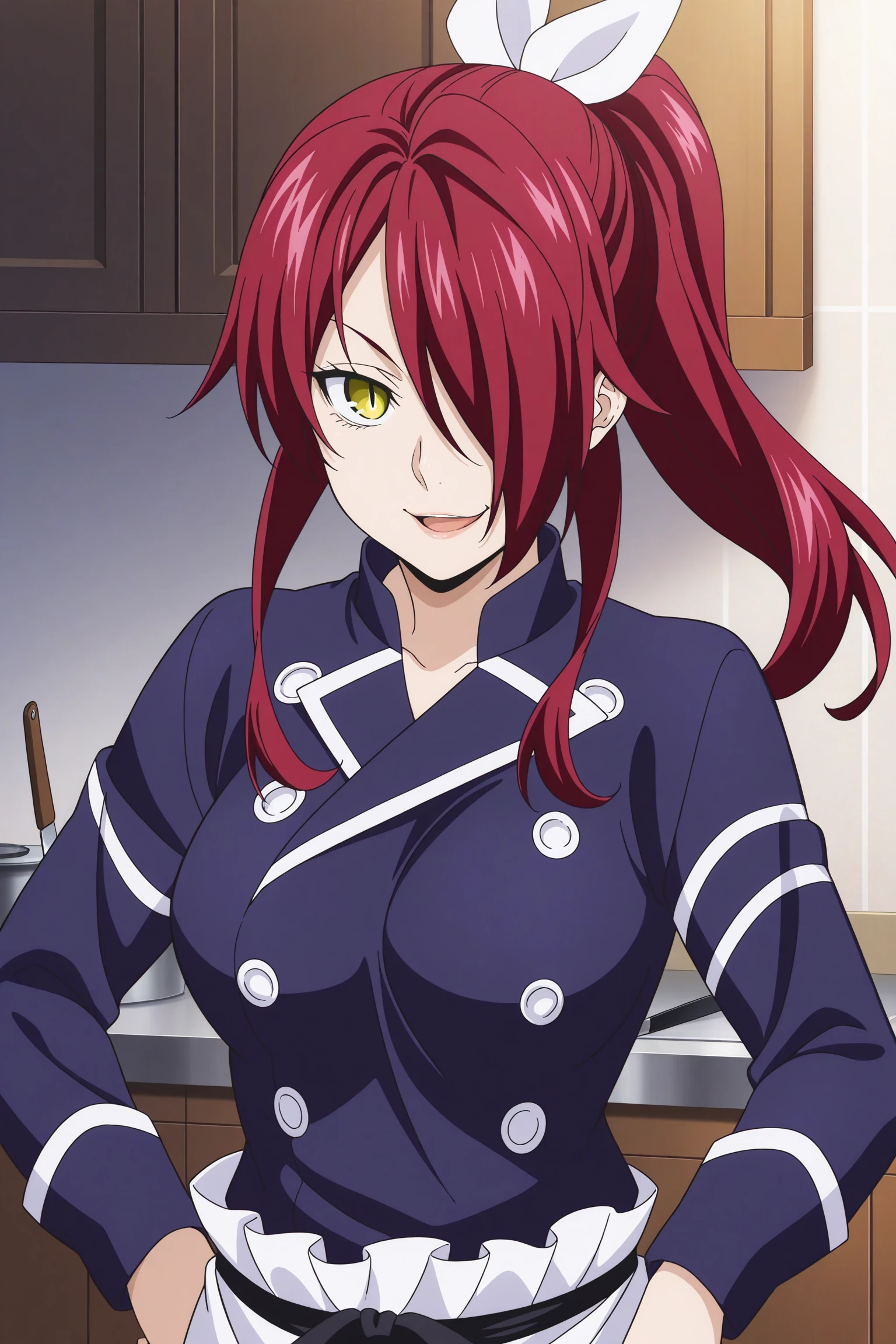 1girl, looking at viewer, indoors, kitchen, masterpiece, best quality, amazing quality, highres, absurdres, very aesthetic, high resolution, ultra detailed, perfect details, smile, smirk, open mouth, medium breasts, kobayashi rindou, long hair, red hair, wavy hair, yellow eyes, hair over one eye, slit pupils, chef, ponytails, white hair ribbon, blue uniform, blue jacket, long sleeves, sleeves past wrists, blue pants, white apron, waist apron, black waist ribbon, black shoes, <lora:Rindou_Kobayashi_ILXL:0.8>, (mature female:1.3), (upper body:1.2), (official_wallpaper:1.5), kitchen knife, holding knife