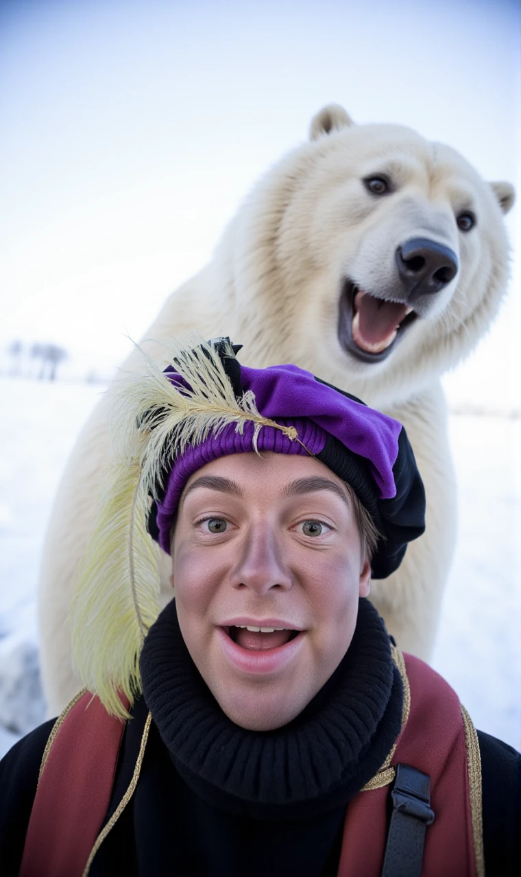 <lora:Roetveeg Piet:1.8> Roetveeg Piet taking a fisheye lens selfie with an aggressive polar bear standing behind him, plumed beretâââ