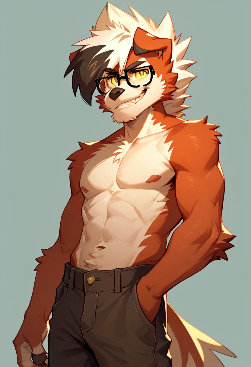 score_9, score_8_up, score_7_up, nickiestyer_oc, furry, solo, yellow eyes, multicolored hair, glasses, simple background, pants, topless, seductive, smug, <lora:Nickiestyer_OC:1>