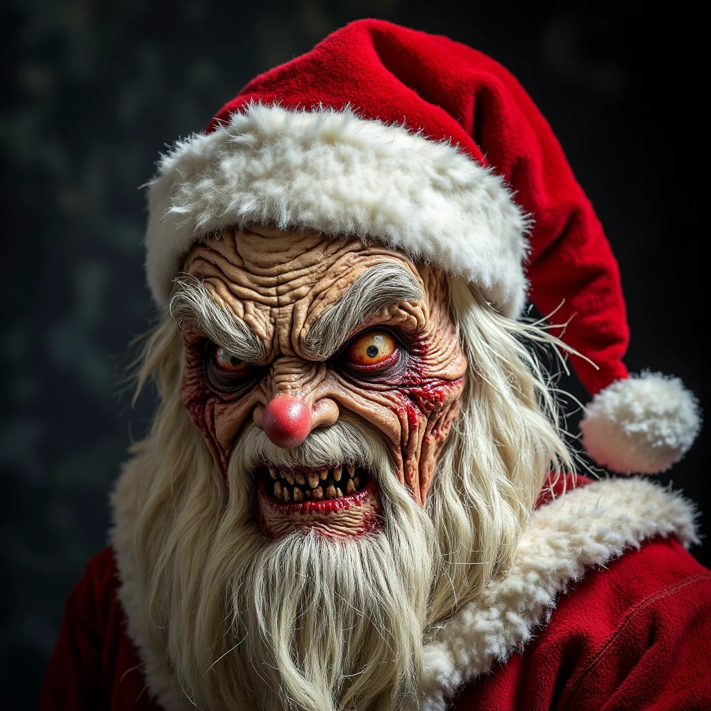 The image is a highly detailed, high-resolution photograph of a grotesque, XmasDemon Santa Claus-like figure. The subject's face is a twisted, aged, and weathered visage, with deep wrinkles, sunken eyes, and a grotesque, toothy grin revealing sharp, jagged teeth. The skin is a sickly, pale color with prominent veins and a rough texture, giving it a leathery appearance.