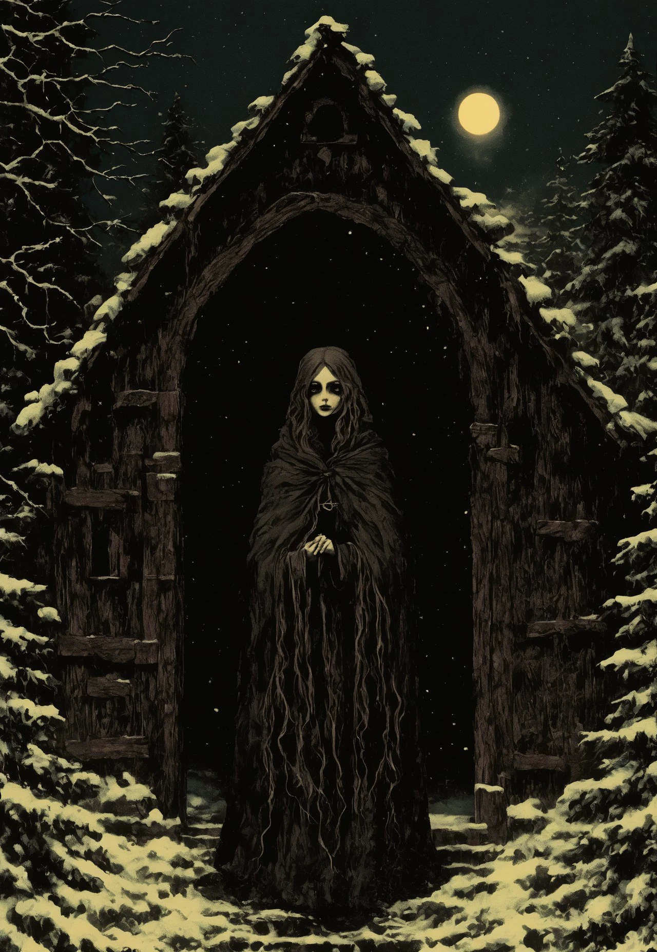 In the style of dark fantasy art, a mysterious woman stands in a snowy forest at night, her expression solemn and haunting. She wears a dark, heavy cloak that drapes over her form, with intricate silver or gold detailing, and her long, wavy hair falls around her shoulders. Her eyes glow with an eerie, unnatural light, piercing through the darkness with an almost otherworldly gaze. Behind her, an old, gothic wooden house with sharp angles stands against the night sky, illuminated by a pale, full moon. The atmosphere is chilling and magical, with shadows cast across the snow, blending beauty with an unsettling sense of mystery.