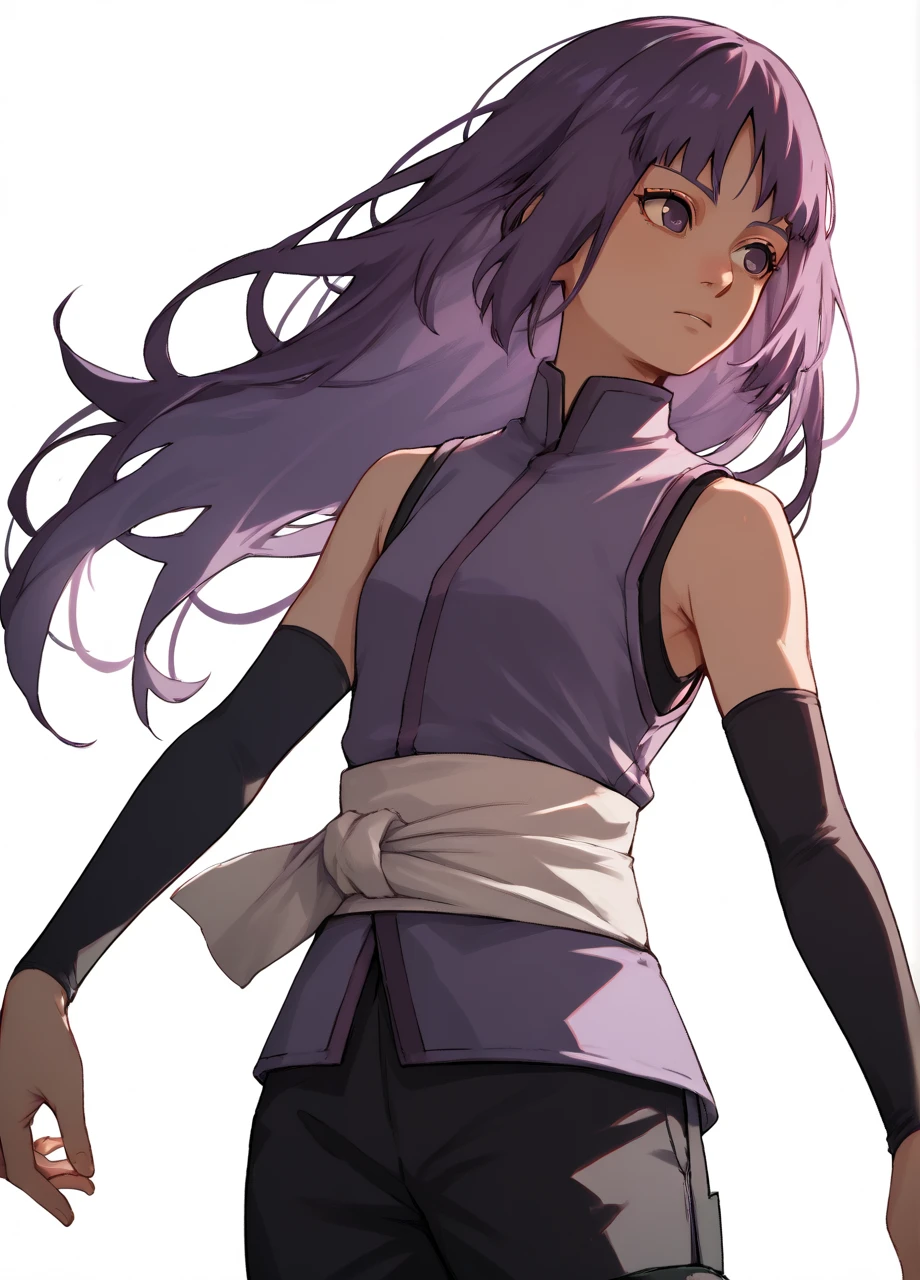 borutosumire, 1girl, purple hair, solo, long hair, sleeveless vest, white sash, elbow gloves, black pants, cowboy shot, white background <lora:Naruto_KakeiSumire-PONY:0.8>, score_9, score_8_up, score_7_up, score_6_up,