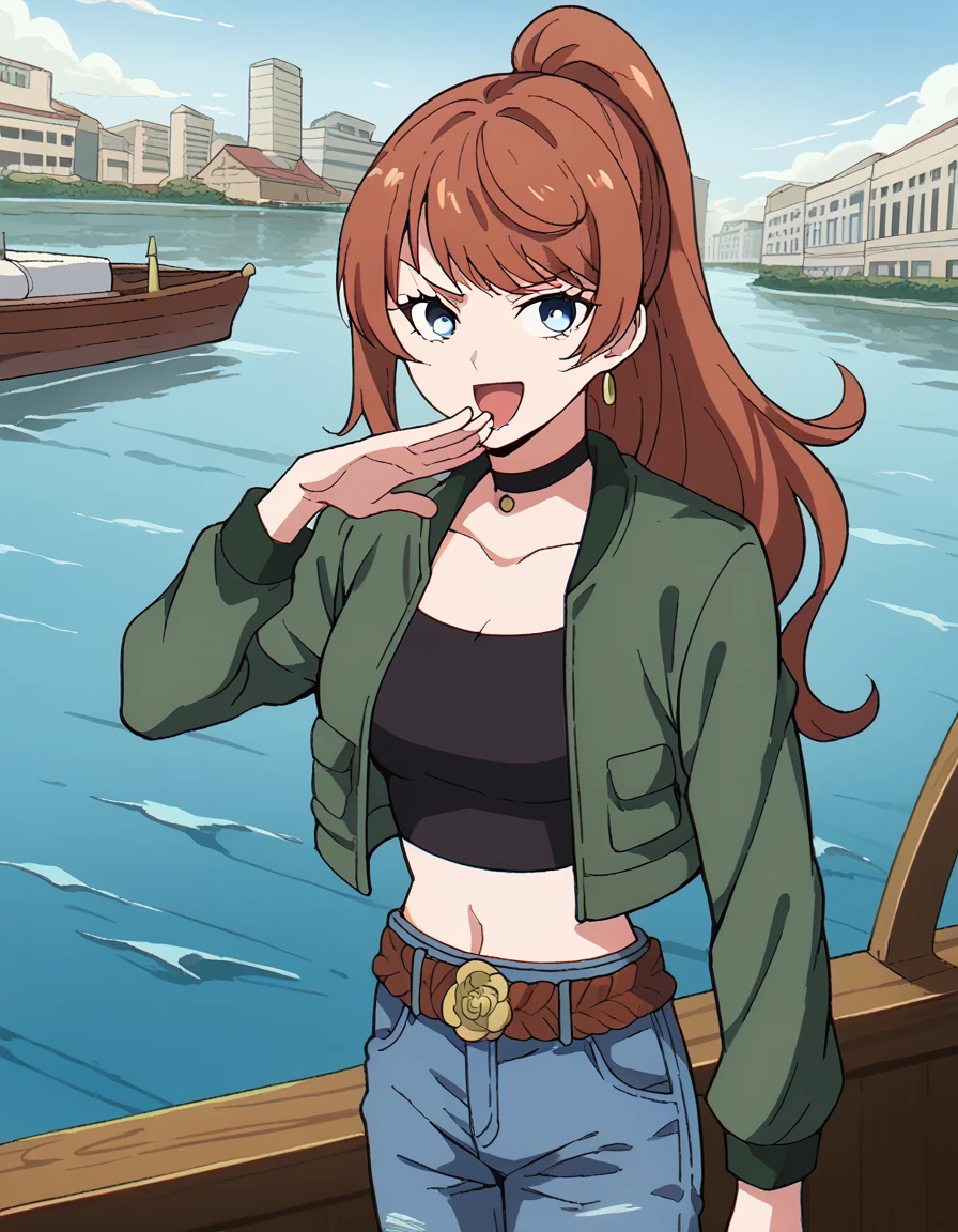 score_9, score_8_up, score_7_up, source_anime, <lora:anna-schneider-s1-ponyxl-lora-nochekaiser:1>, anna schneider, long hair, bangs, blue eyes, ponytail, brown hair, medium breasts,, jacket, open clothes, choker, belt, pants, open jacket, black choker, denim, jeans, green jacket, brown belt,, canal, water, boats, city, narrow, smile, <lora:ojou-sama-pose-ponyxl-lora-nochekaiser:1>, ojou-sama pose, laughing, smug, hand to own mouth, open mouth,, looking at viewer, solo,, dutch angle, cowboy shot