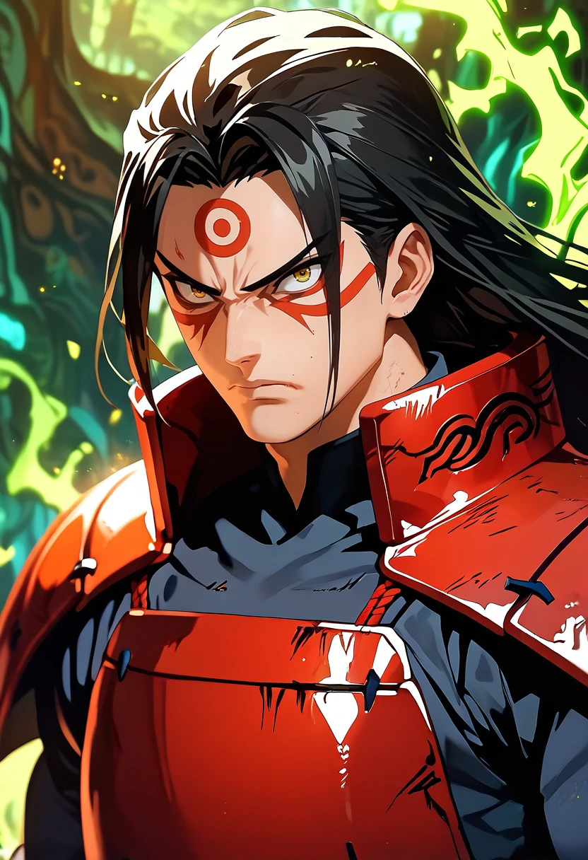 (masterpiece), (best quality), score_9, score_8_up, score_7_up, (masterpiece:1.2), (best quality:1.3), 1boy <lora:Hashirama_Senju:0.8> black hair, long hair, hashirama_sage, forehead mark, facial mark, eye mark, portrait, angry expression, armor, masterful composition, dynamic movement, low light, dark, dim, cinematic lighting, high contrast, rim lighting, ray_tracing, global illumination, glow