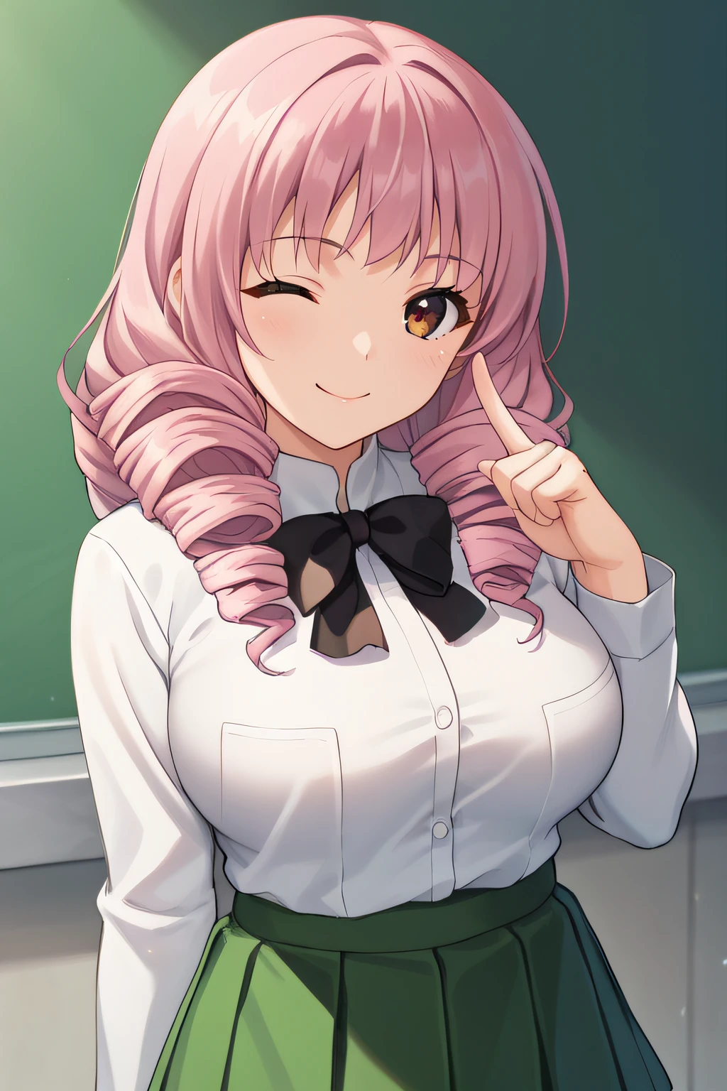 score_9, score_8_up, score_7_up, source_anime, rating_safe, intricate details, anime screencap, official style, 1girl, solo, <lora:Mikado_Shiina:1>, misha, pink hair, brown eyes, drill hair, school uniform, large breasts, white shirt, long sleeves, skirt under shirt, green skirt, pleated skirt, looking at viewer, smile, indoor, upper body, one eye closed, raised index finger, hand up, five fingers