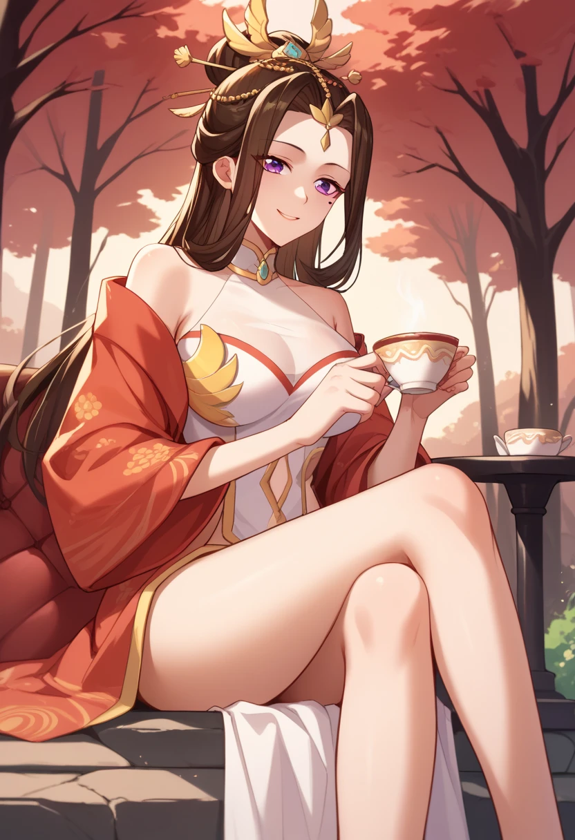 score_9, score_8_up, score_7_up,source_anime,Luo wuqing,Luo dress,Purple eyes,Mole under eye,Brown hair,Hair ornament, red trees, sit sideways, tea, smile