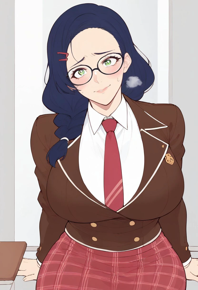 safe_pos, score_9, score_8_up, score_7_up, score_6_up, score_5_up, score_4_up, 8k, masterpiece, high quality, (Expressiveh:0.8),
1girl, (solo:1.1), huge breasts,
BREAK,
1girl, solo, pantyhose, skirt, glasses, necktie, breasts, blue hair, hair ornament, large breasts, brown jacket, green eyes, smile, school uniform, hairclip, white background, plaid skirt, heavy breathing, braid.
BREAK
sitting on a park bench, daylight, looking at viewer, blushing, closed mouth