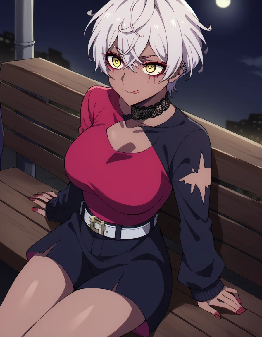 score_9, score_8_up, score_7_up, source_anime, <lora:taktop-hell-s1-ponyxl-lora-nochekaiser:1>, hell, short hair, yellow eyes, white hair, dark skin, dark-skinned female, facial mark, large breasts,, <lora:emo-fashion-ponyxl-lora-nochekaiser:1>, emo fashion, torn sweater, two-tone sweater, sweater under shirt, striped sweater, lace-trimmed choker, belt chain, red sweater, black sweater, goth fashion, street, night, moon, sitting, bench, from above, tongue out,, , dutch angle, cowboy shot