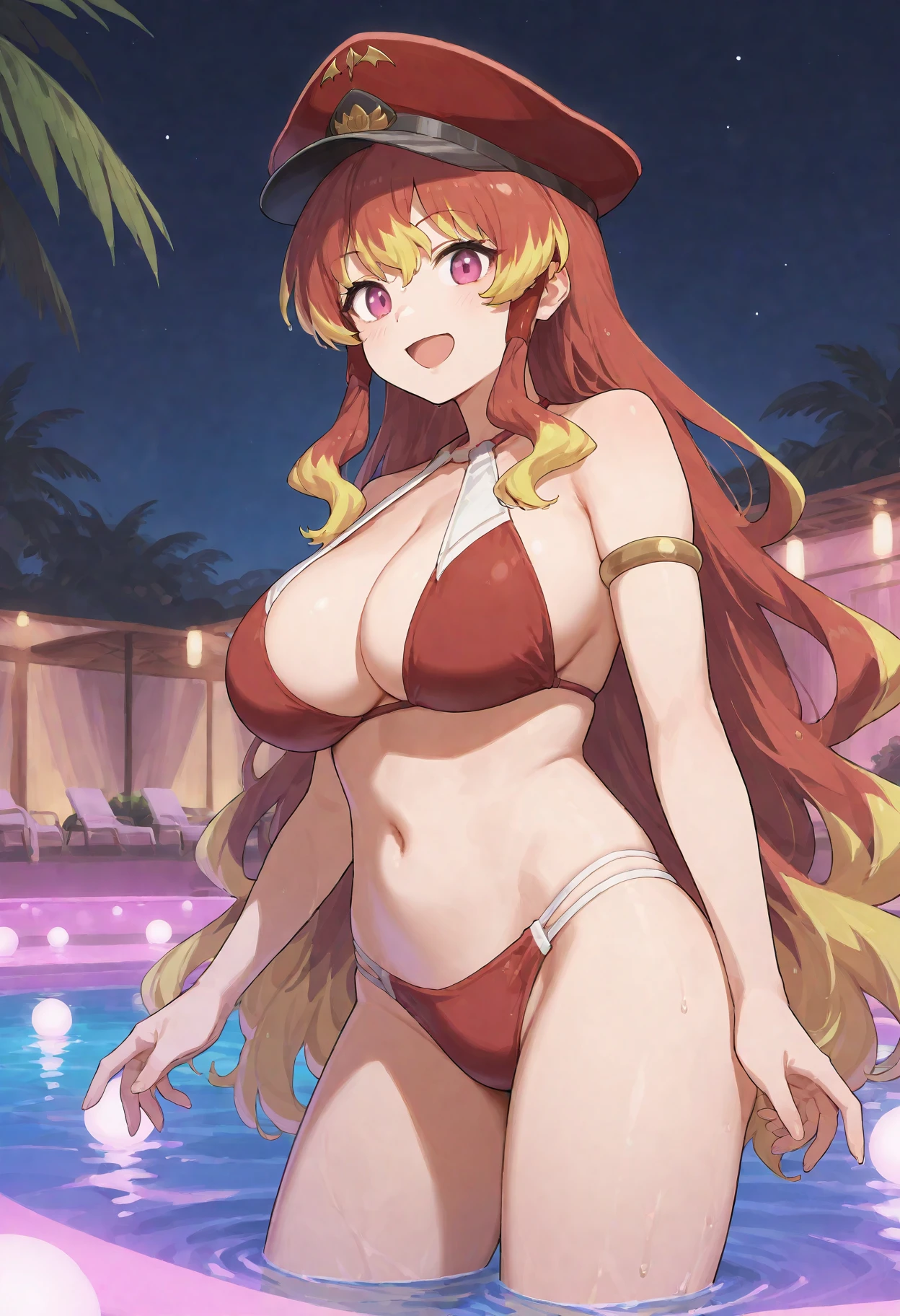 flamingbelial, 1girl, breasts, solo, blonde hair, bikini, large breasts, peaked cap, cleavage, purple eyes,  navel, red hair,, gradient hair, armlets,  closed mouth, very long hair, bangs, hair tubes, sidelocks, , bare shoulders, choker<lora:flamingbelial_ill2:1> open mouth, cowboy shot, smile, looking at viewer, open mouth, wading, night, pool