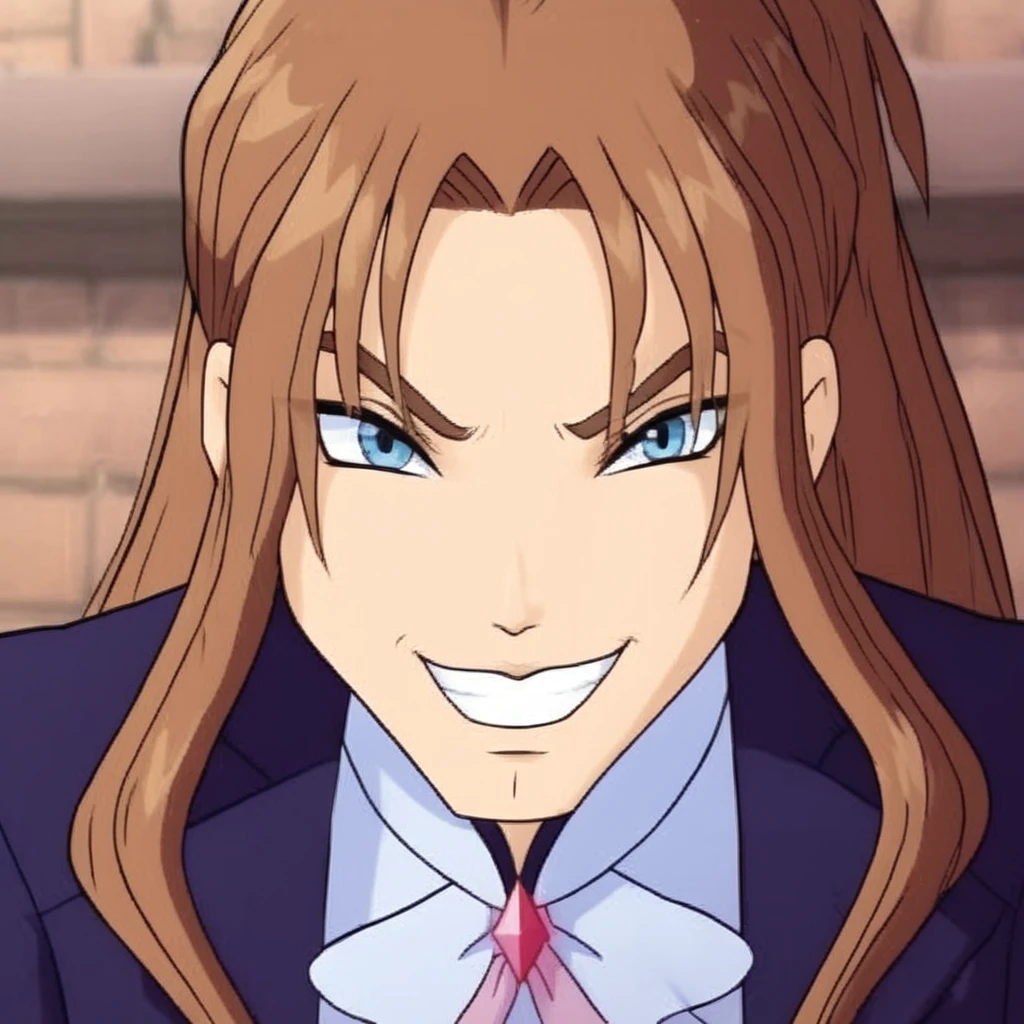 solo, long hair, smile, blue eyes, brown hair, 1boy, ponytail, male focus, grin, ascot, evil smile,winx_style