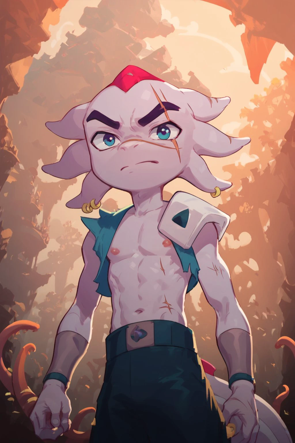 score_9, score_8_up, score_7_up, Smooth Boys Style, cartoon, 1boy, young, solo, male focus, Axolotl, Axolotl boy, pink skin, Axolotl's ears, tentacles hair,  blue eyes, Axolotl's tail, scar across eye, topless, nipples, belt, black pants, jewelry, furry male, Serious face, closed mouth, looking at viewer, Expressive, on flying island, outdoors, <lora:add-detail-xl:0.8>, <lora:NAI3 Smooth Boys Style LoRA_Pony XL v6:0.8>, <lora:Expressive_H:0.8>, <lora:Axolotl_Windblown:1>